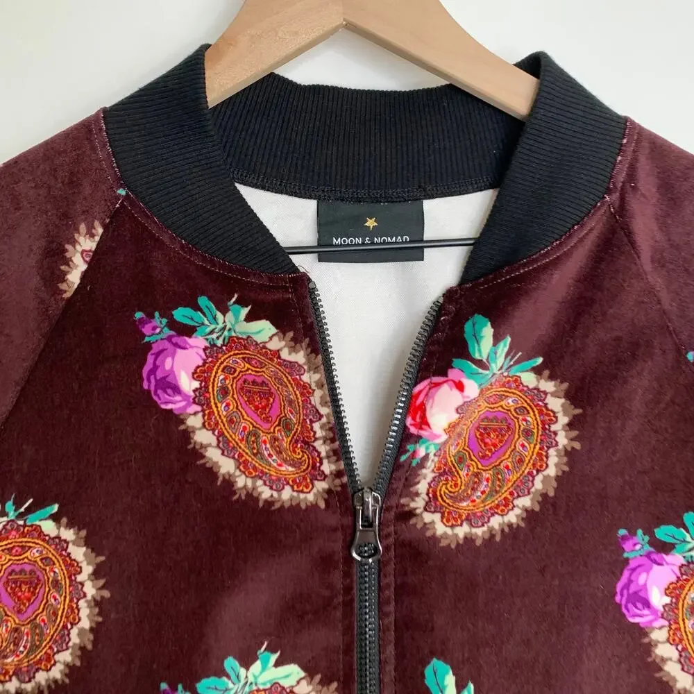 Moon & Nomad Mixed Emotions Velvet Bomber Jacket Burgundy Purple Fringe Medium - Picture 10 of 14